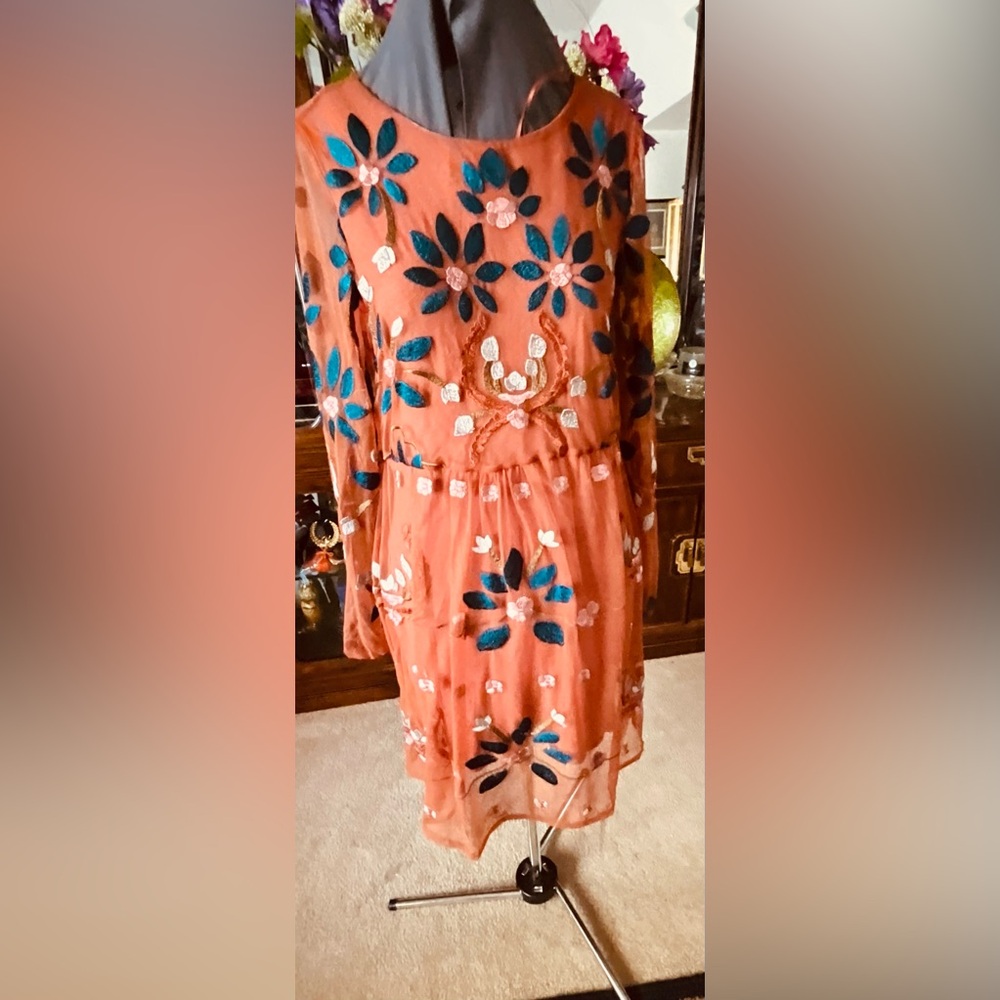Embroidered Coral Floral Dress